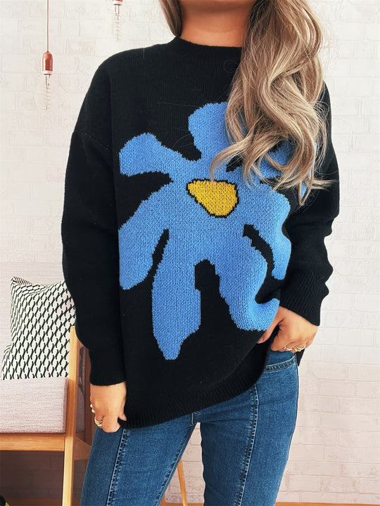 Damen verspielter Strickpullover mit floraler Applikation EB
