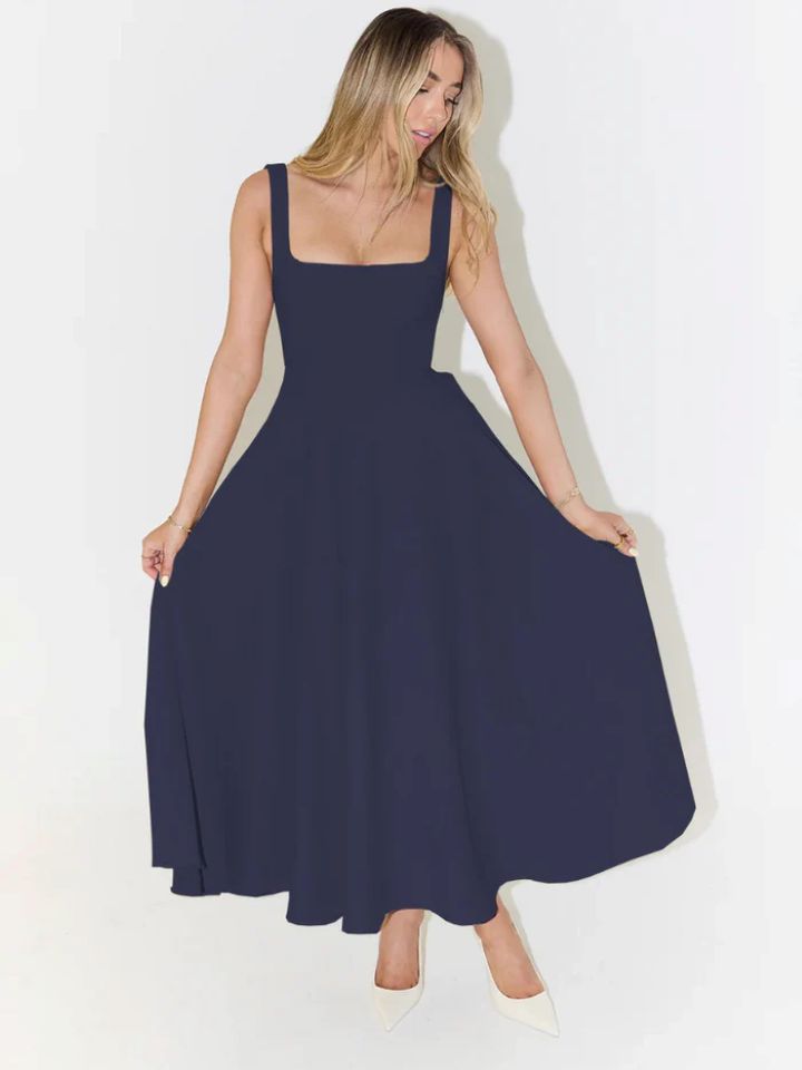 Damen A-Linien Maxikleid mit quadratischem Ausschnitt und fließendem Stoff EB