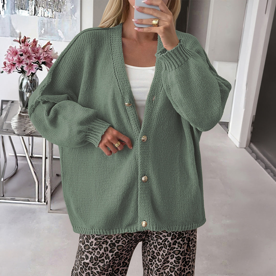 Damen nan Bouclé-Oversize-Cardigan mit tiefem V-Ausschnitt, Kimonoärmeln und goldenen Zierknöpfen EB