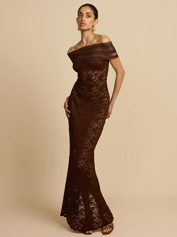 Damen Spitzen-Maxikleid mit schulterfreiem Design und elegantem Drapierungseffekt EB