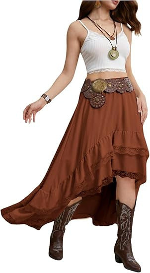 Damen Boho Maxi-Rock mit asymmetrischem Saum und Spitzenverzierungen EB