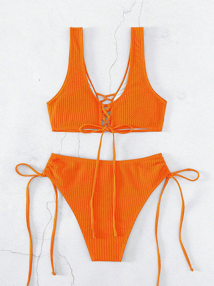 Damen Bikiniset mit raffiniertem Bindedesign und hochgeschnittenem Unterteil EB