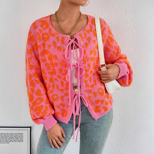 Damen Strickjacke mit einzigartigem Leopardenmuster und verstellbarem Kordelzug EB