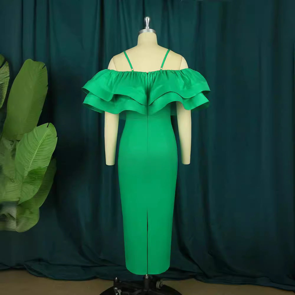 Damen elegantes Satin-Kleid mit voluminösem Rüschensaum EB