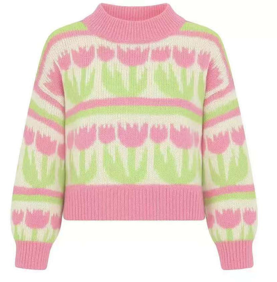 Damen nan Grobstrickpullover mit eingestrickten Herzmotiven, hohem Stehkragen und lässiger Oversize-Silhouette EB