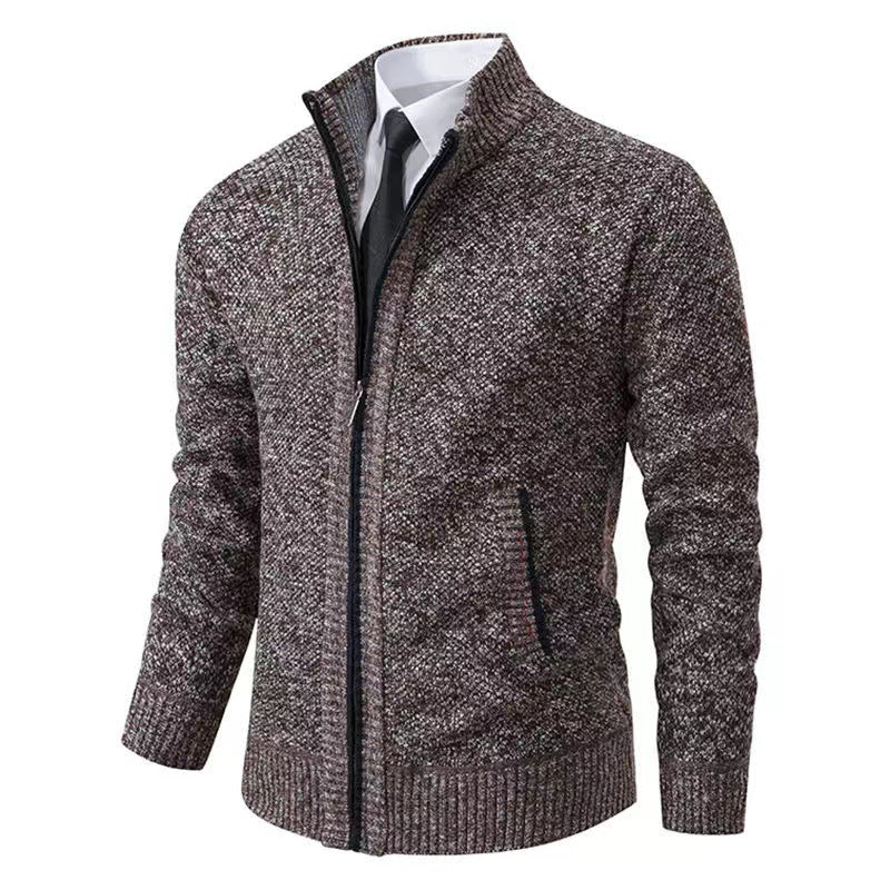 Herren nan melierte Strickzipjacke mit hohem Stehkragen, feiner Struktur und verdeckten Eingrifftaschen EB