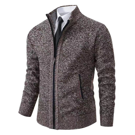 Herren nan melierte Strickzipjacke mit hohem Stehkragen, feiner Struktur und verdeckten Eingrifftaschen EB