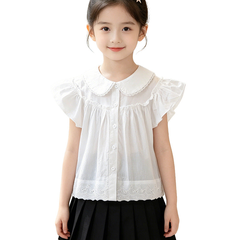 Mädchen elegante Bluse mit Spitzenkragen und Rüschendetails EB