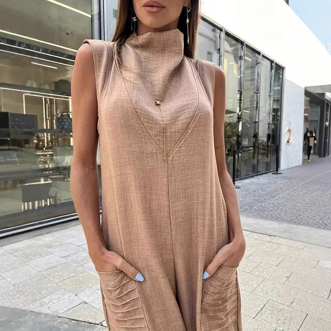Damen luftiger Maxijumpsuit mit dekorativen Falten und seitlichen Taschen EB