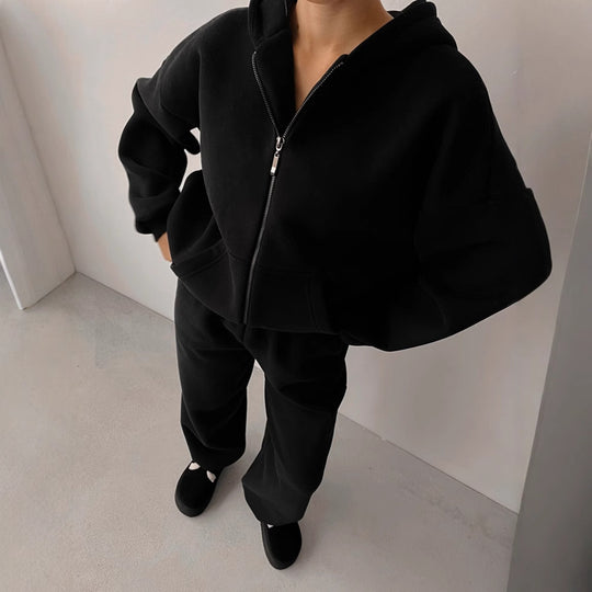 Damen Loungewear-Set EB: Oversized Zip-Hoodie mit Kapuze und weiter High-Waist Sweatpant aus Soft-Fleece