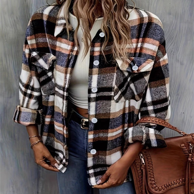 Damen karierte Flanelljacke mit Taschen und geschmackvoller Knopfleiste EB