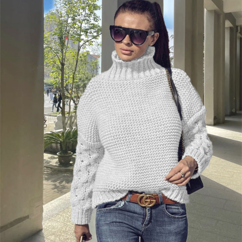 Damen Grobstrickpullover mit hohem Kragen und strukturiertem Armdesign EB