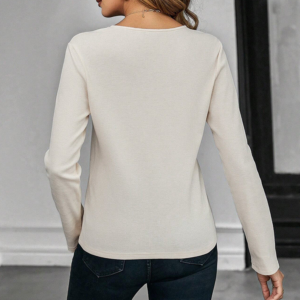 Damen geripptes Langarmshirt mit V‑Ausschnitt und dekorativem Schlüsselcutout Eichborn Berlin