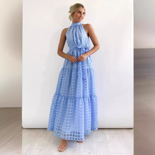 Damen Maxikleid mit raffiniertem Hochkragen und gestuftem Design EB