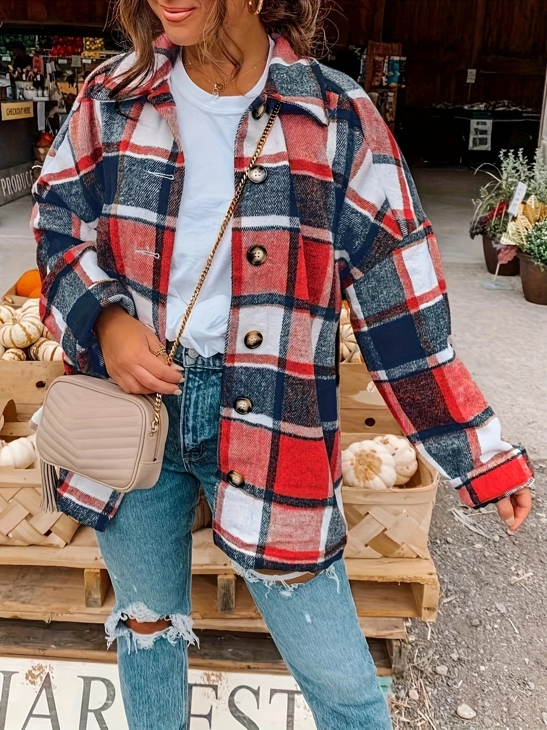 Damen Karierte Flanelljacke mit Knopfdetails und lässigem Schnitt EB