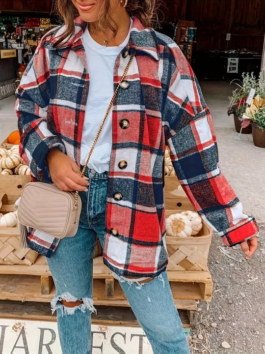 Damen Karierte Flanelljacke mit Knopfdetails und lässigem Schnitt EB