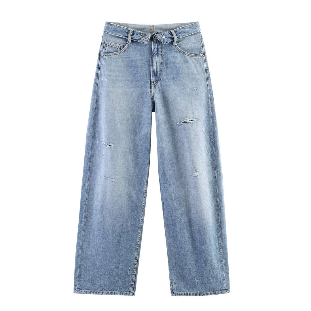 Damen nan weite hochgeschnittene Vintage-Jeans mit Destroyed-Effekten EB