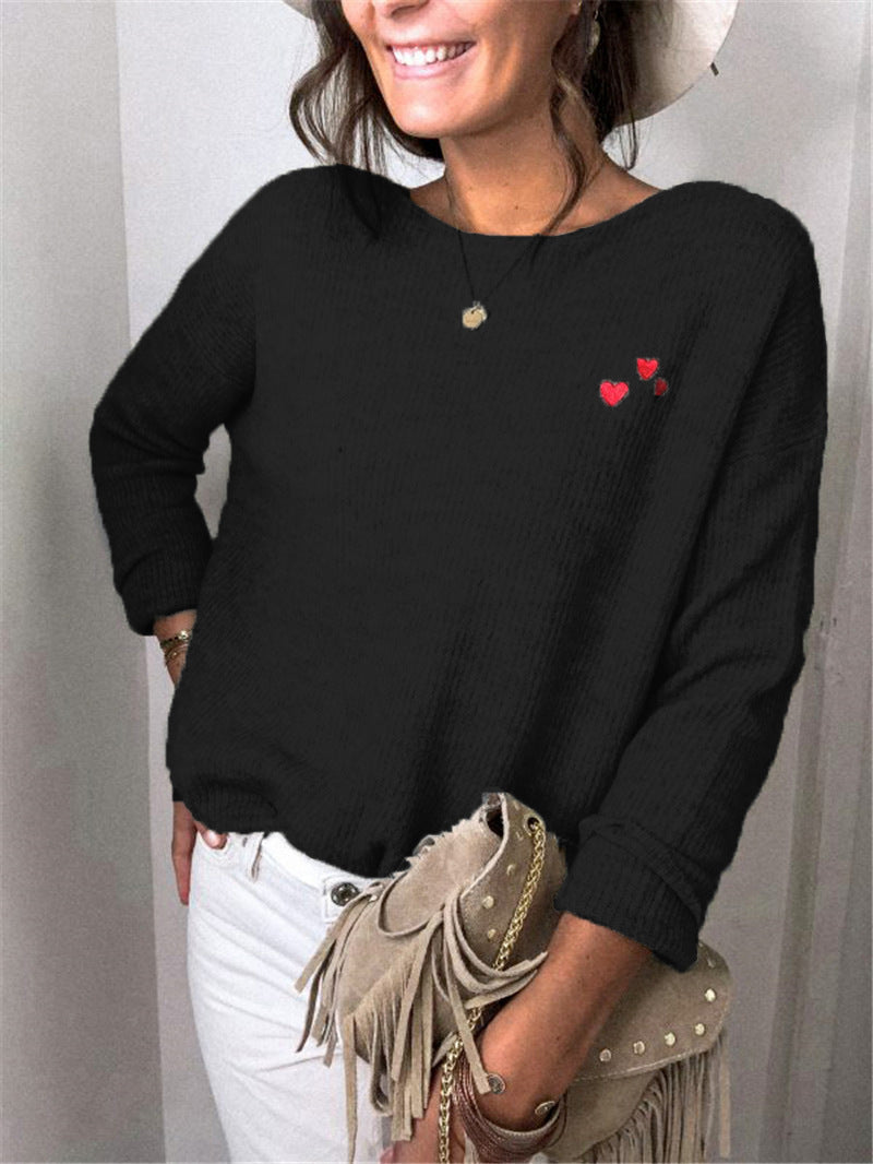 Damen Oversize Strickpullover mit Herz-Stickerei und weitem Boot-Ausschnitt EB