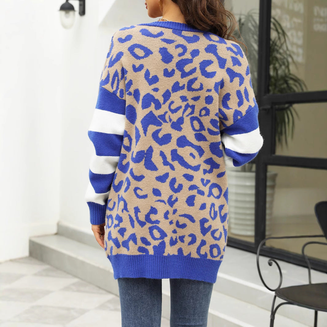 Damen lässige Strickjacke mit leopardenmuster und modernen Streifen EB