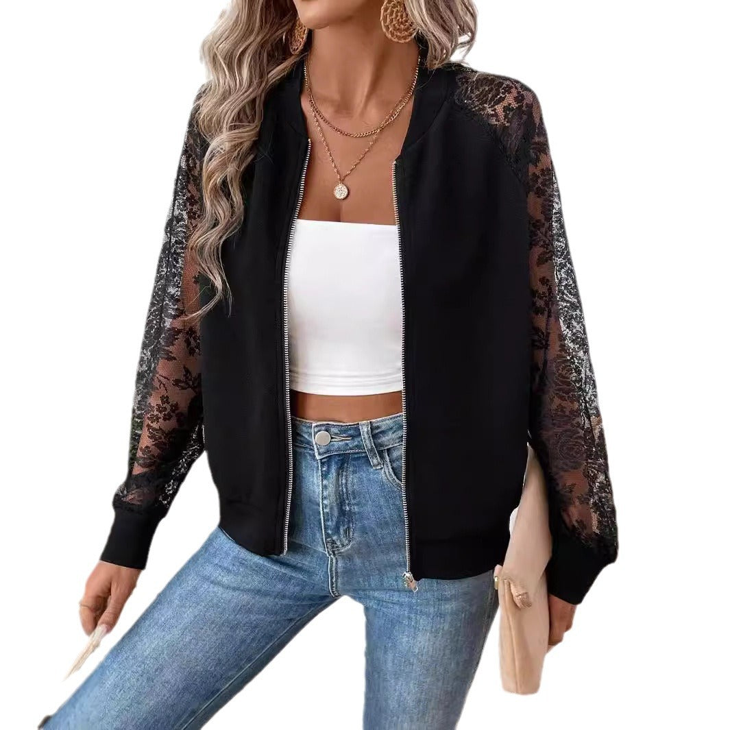 Damen nan leichte Bomberjacke mit floralen Spitzenärmeln und Reißverschluss EB