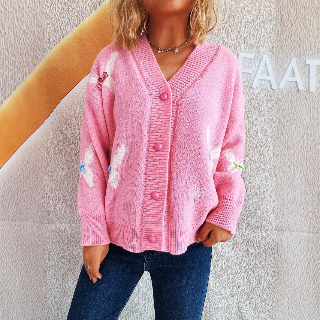 Damen Strickjacke mit verspieltem Schmetterlingsdesign und Knopfverschluss EB
