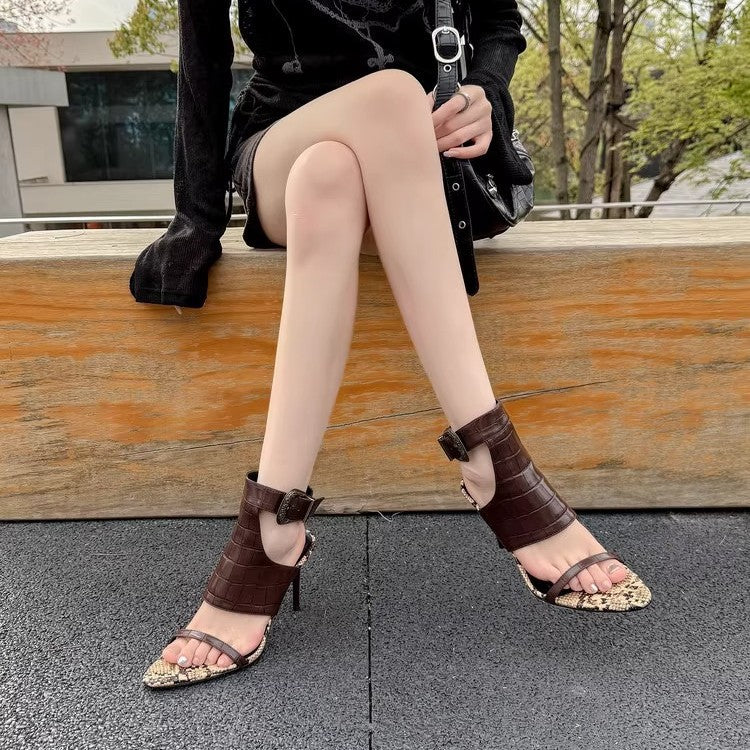 Damen hochhackige Sandalen mit stilvollem Krokodil-Design und elegantem Fersenriemen EB