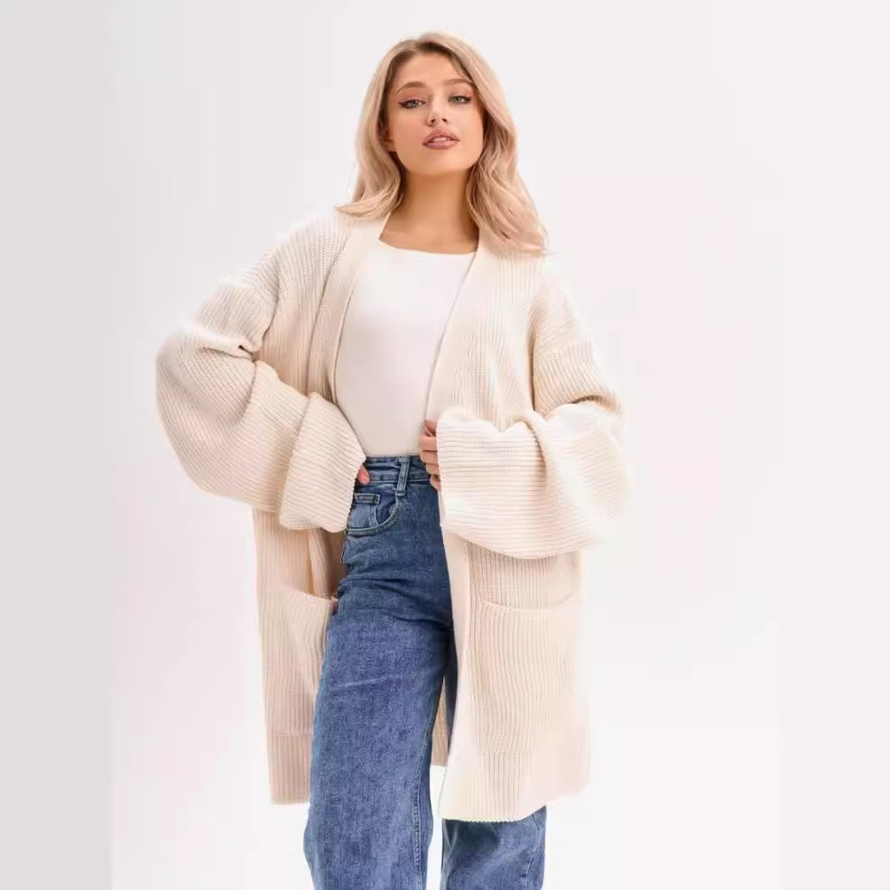 Damen Großer Strickcardigan mit voluminösen Ärmeln und praktischen Taschen EB