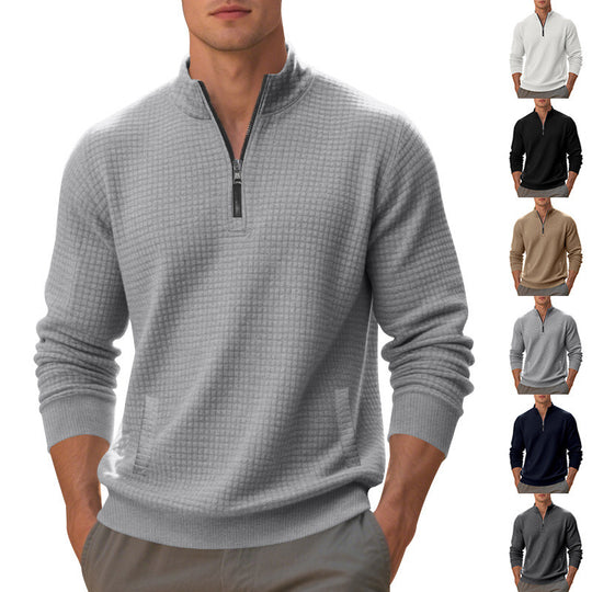Herren Waffelstrick-Halbzip-Pullover mit Stehkragen, Kängurutasche & gerippten Abschlüssen EB