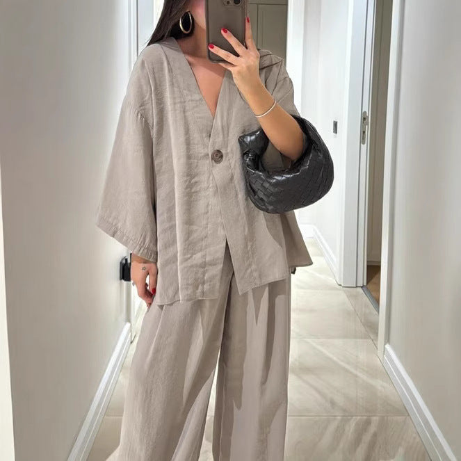 Damen nan lockeres Leinenoptik-Zweiteiler mit Kimono-Blazer und weitem Palazzo-Hose EB