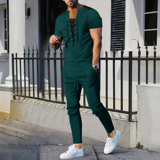 Herren modisches Kurzarm-Henley-T-Shirt mit strukturiertem Design und dekorativer Schnürung EB