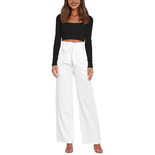 Damen Weite High-Waist Paperbag-Hose mit Bundfalten und Bindegürtel EB