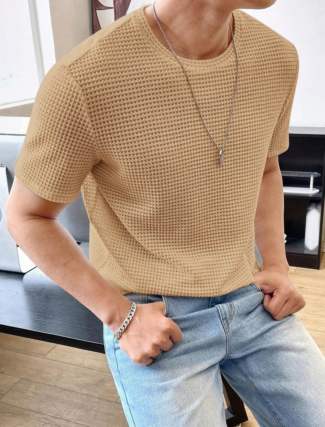 Herren lässiges Struktur-T-Shirt aus atmungsaktivem Material EB