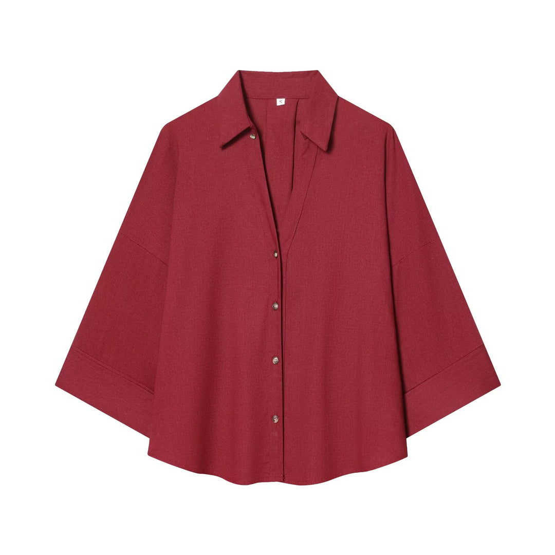 Damen nan lockere oversized Hemdbluse mit weitem Kragen und Dreiviertelärmeln EB