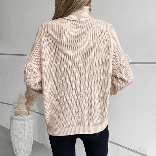 Damen Strickpullover mit hohem Kragen und Zopfmuster EB