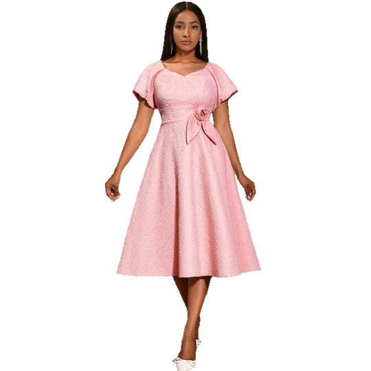 Damen elegantes Kleid mit Schößchen, Blumenapplikation und Puffärmeln EB