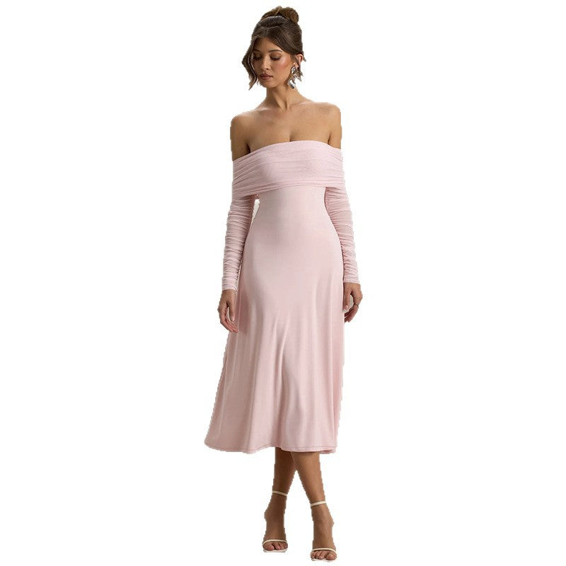 Damen elegantes schulterfreies Midikleid mit Rüschendetails und transparenten Ärmeln EB