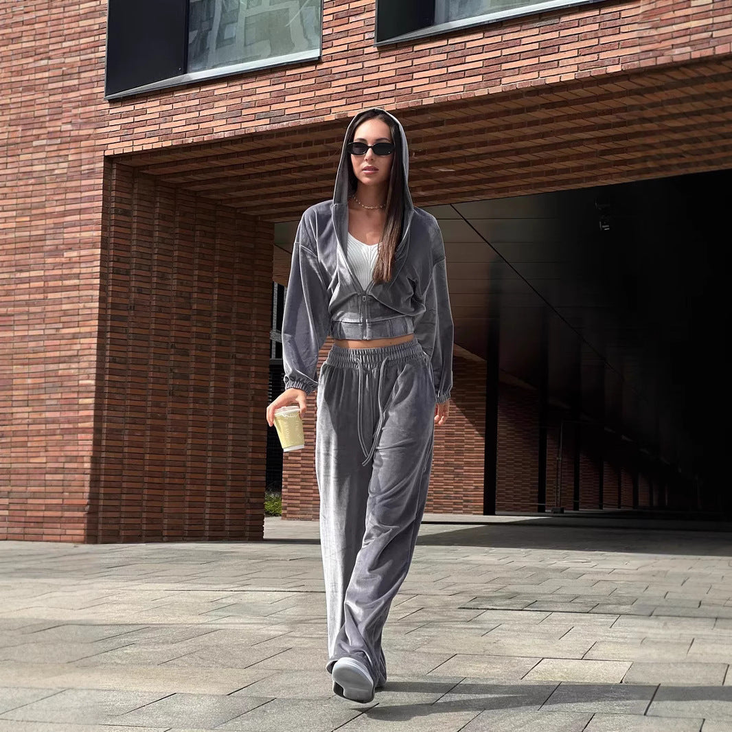 Damen weiches Velours-Lounge-Set mit kurzer Reißverschluss-Kapuzenjacke und weiter High-Waist-Hose EB