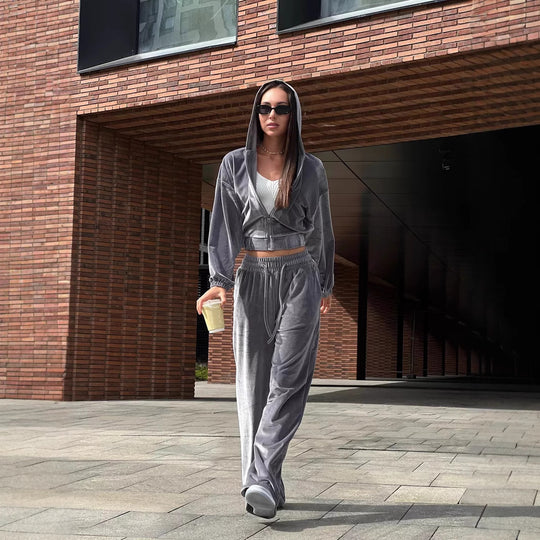 Damen weiches Velours-Lounge-Set mit kurzer Reißverschluss-Kapuzenjacke und weiter High-Waist-Hose EB