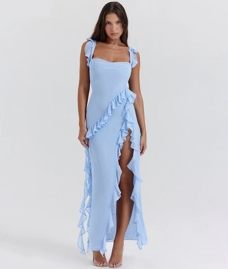 Damen Maxikleid mit verführerischen Rüschen und hohen Schlitz Heidi-Mode