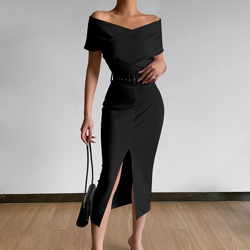 Damen Etuikleid mit schulterfreiem Design und hohem Beinschlitz EB