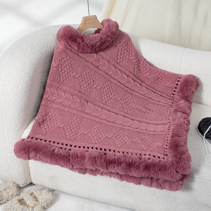 Damen kuscheliger Strickponcho mit samtigem Fellbesatz EB