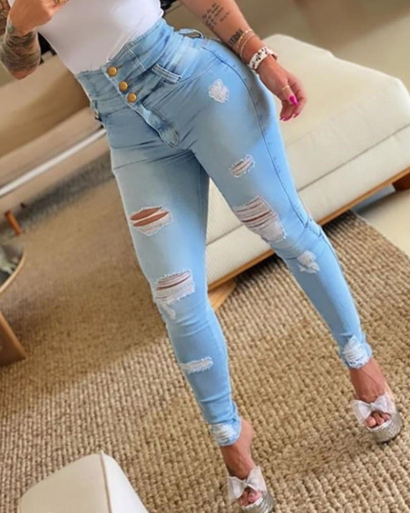 Damen High-Waist Denim Jeans mit modischen Destroyed-Details EB