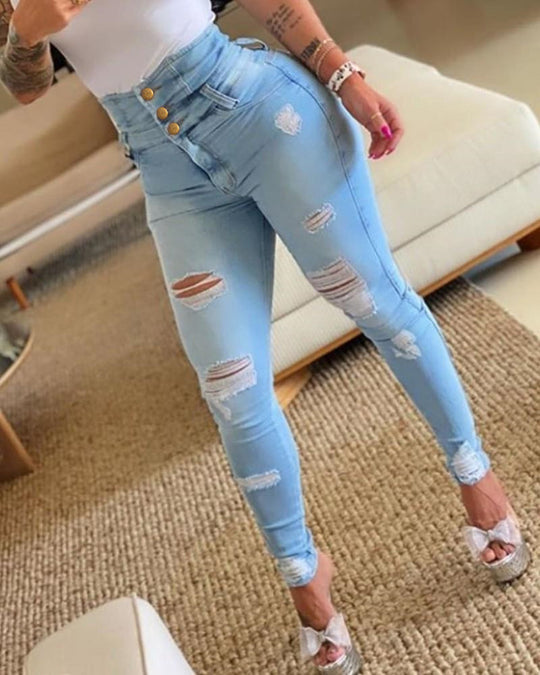 Damen High-Waist Denim Jeans mit modischen Destroyed-Details EB