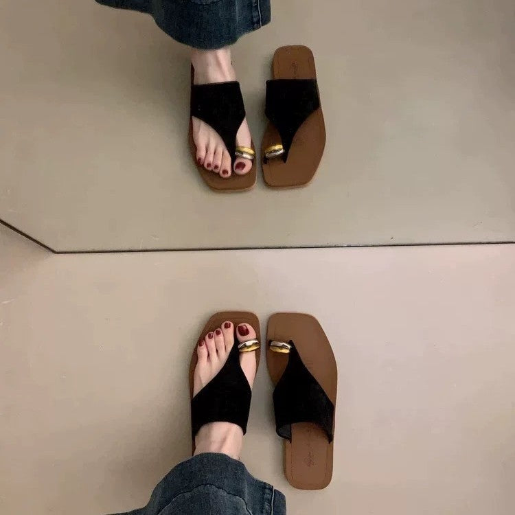 Damen Zehentrenner-Sandalen mit elegantem Goldakzent und rutschfester Sohle EB