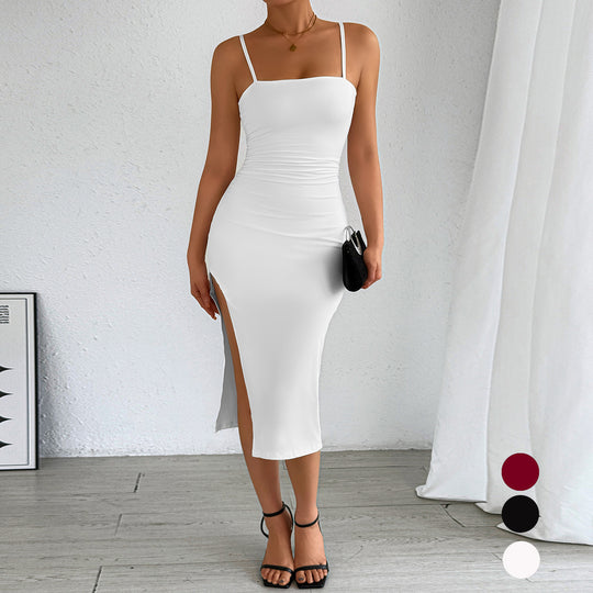 Damen figurbetontes Midi-Kleid mit schulterfreien Trägern und tiefem Schlitz EB