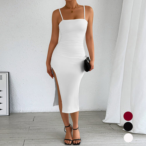 Damen figurbetontes Midi-Kleid mit schulterfreien Trägern und tiefem Schlitz EB