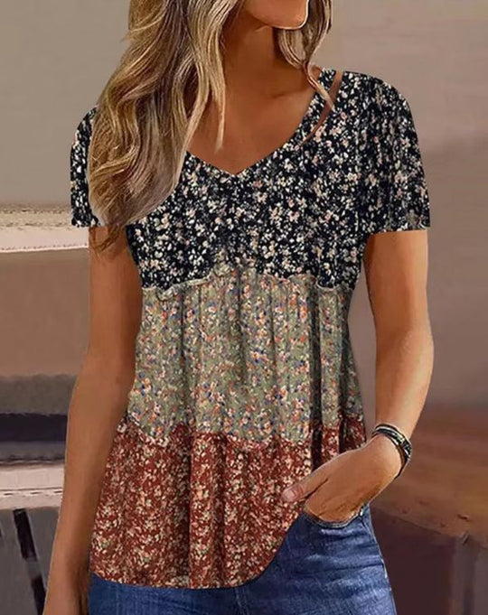 Damen Blusenshirt mit floralem Patchwork und V-Ausschnitt Heidi-Mode