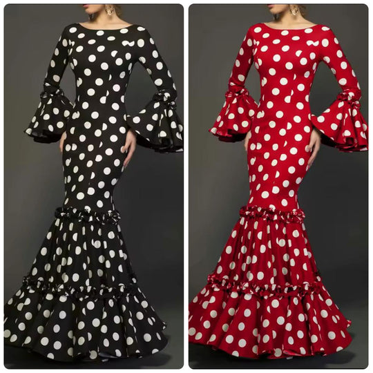 Damen Elegantes Maxikleid mit auffälligem Volant und Polka-Dots EB