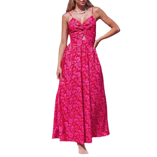 Damen Maxikleid mit raffiniertem Knotendesign und floralem Muster EB