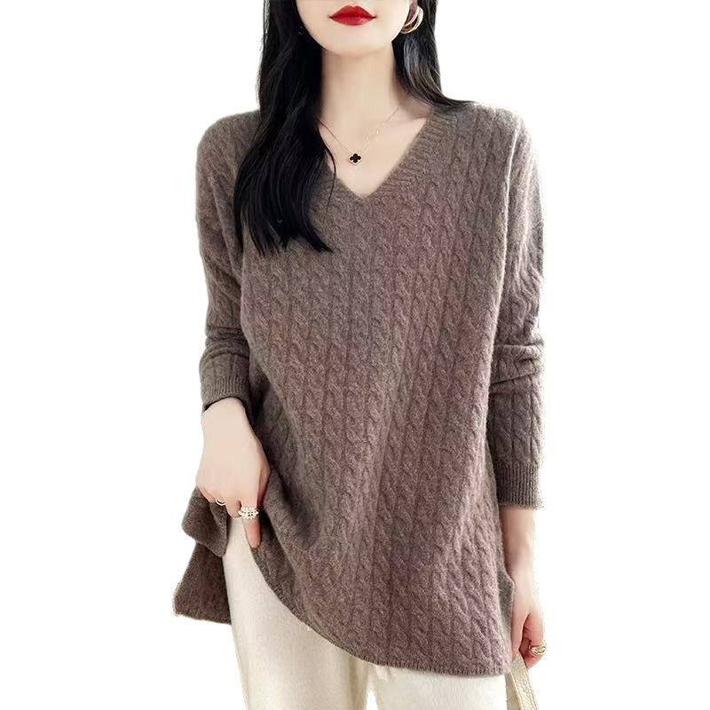 Damen Grobstrickpullover mit V-Ausschnitt und lässigem Schnitt EB
